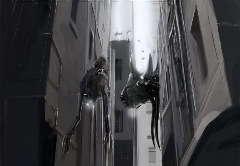Global concept art showing a person encountering a hovering machine in a narrow city street